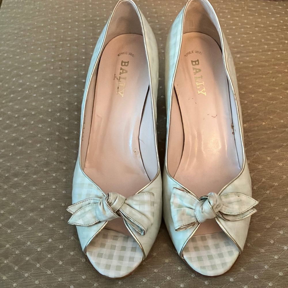 Bally green/white check w/gold piping heels, sz. 9.5. Fabric covered heels.